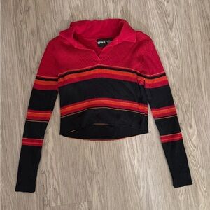 Erika Red and Black V-Neck Sweater with Bold Stripes